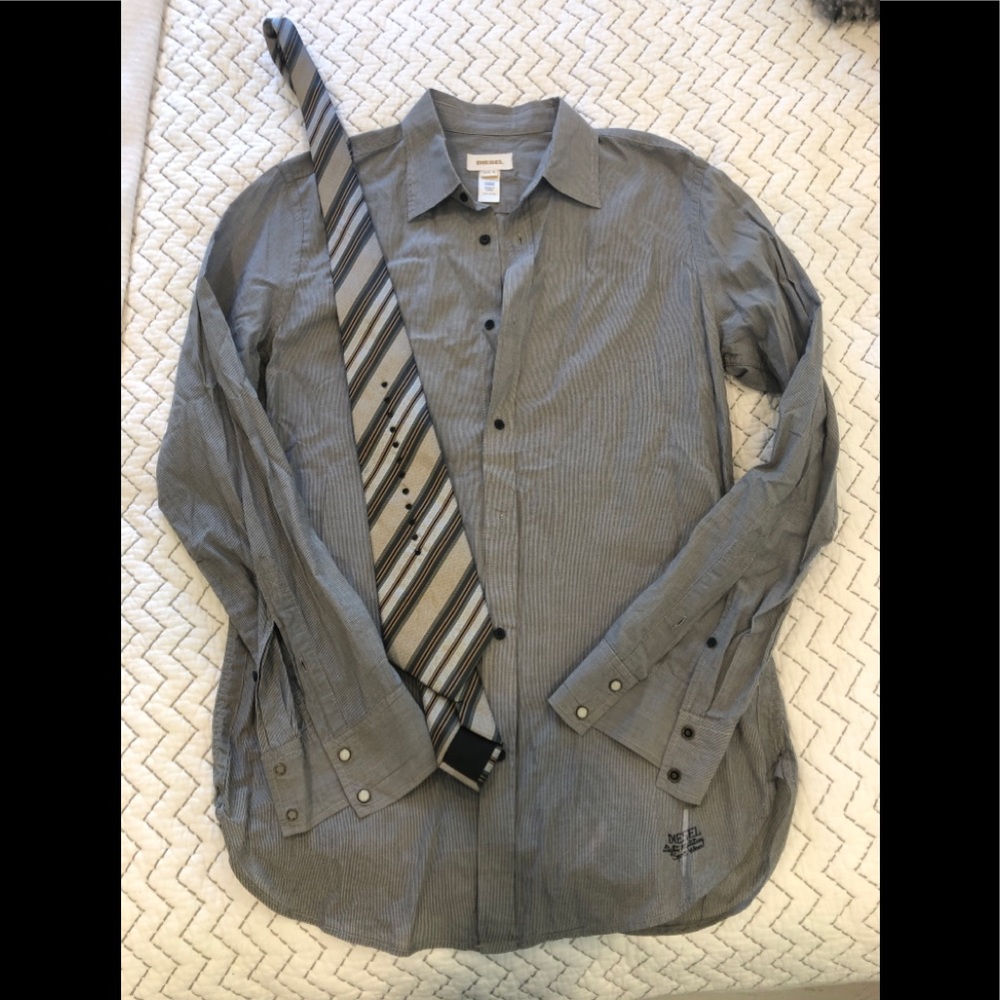 Diesel Men's Gray Pinstripe Dress Shirt with Striped Tie